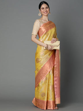 Lemon Chanderi Blend Saree With Bold Motif All Over And Contrast Pallu