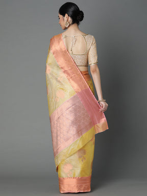 Lemon Chanderi Blend Saree With Bold Motif All Over And Contrast Pallu