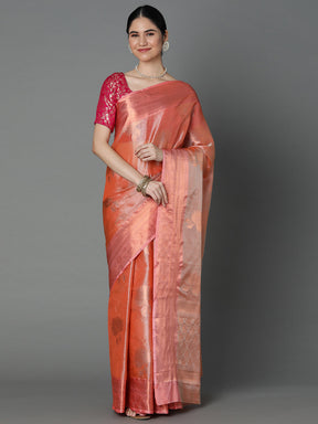 Peach Chanderi Blend Saree With Bold Motif All Over And Contrast Pallu