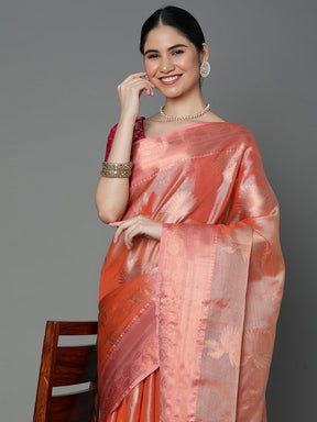 Peach Chanderi Blend Saree With Bold Motif All Over And Contrast Pallu