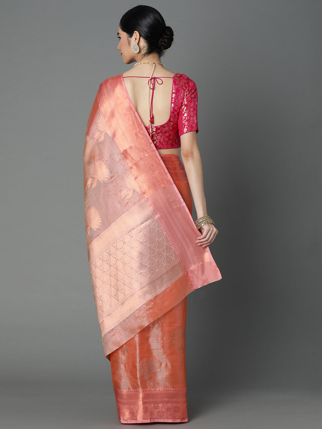 Peach Chanderi Blend Saree With Bold Motif All Over And Contrast Pallu