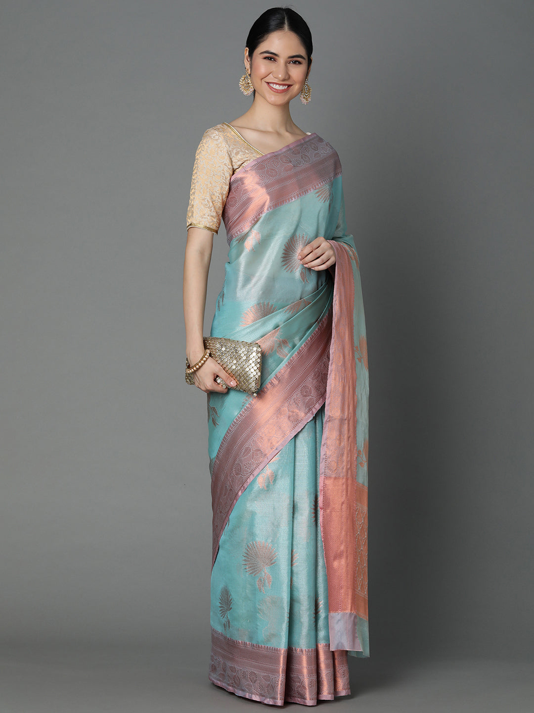 Turquoise Chanderi Blend Saree With Bold Motif All Over And Contrast Pallu