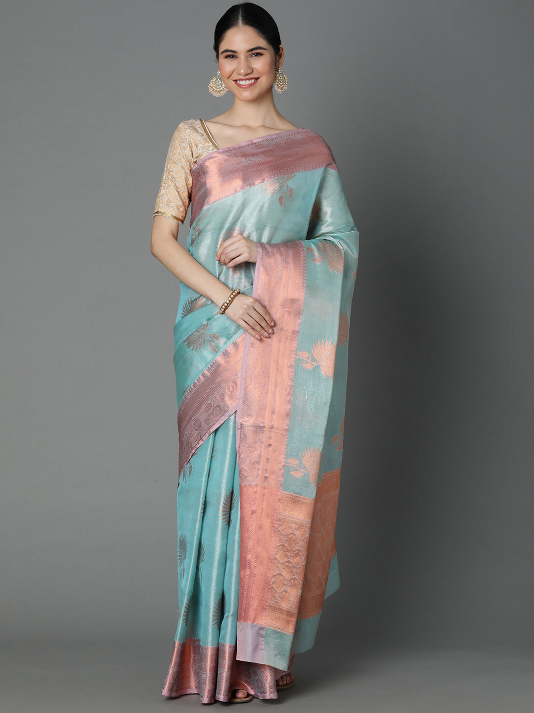 Turquoise Chanderi Blend Saree With Bold Motif All Over And Contrast Pallu