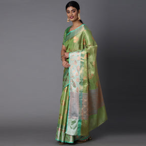 Green Chanderi Blend Saree With Bold Motif All Over And Contrast Pallu