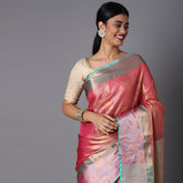 Peach Chanderi Blend Saree With Bold Motif All Over And Contrast Pallu