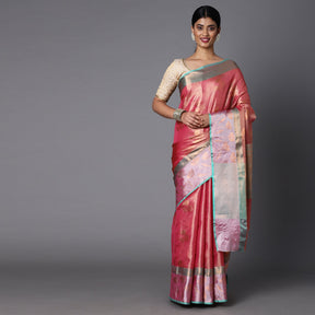 Peach Chanderi Blend Saree With Bold Motif All Over And Contrast Pallu