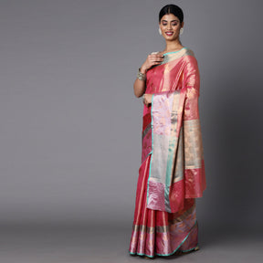 Peach Chanderi Blend Saree With Bold Motif All Over And Contrast Pallu