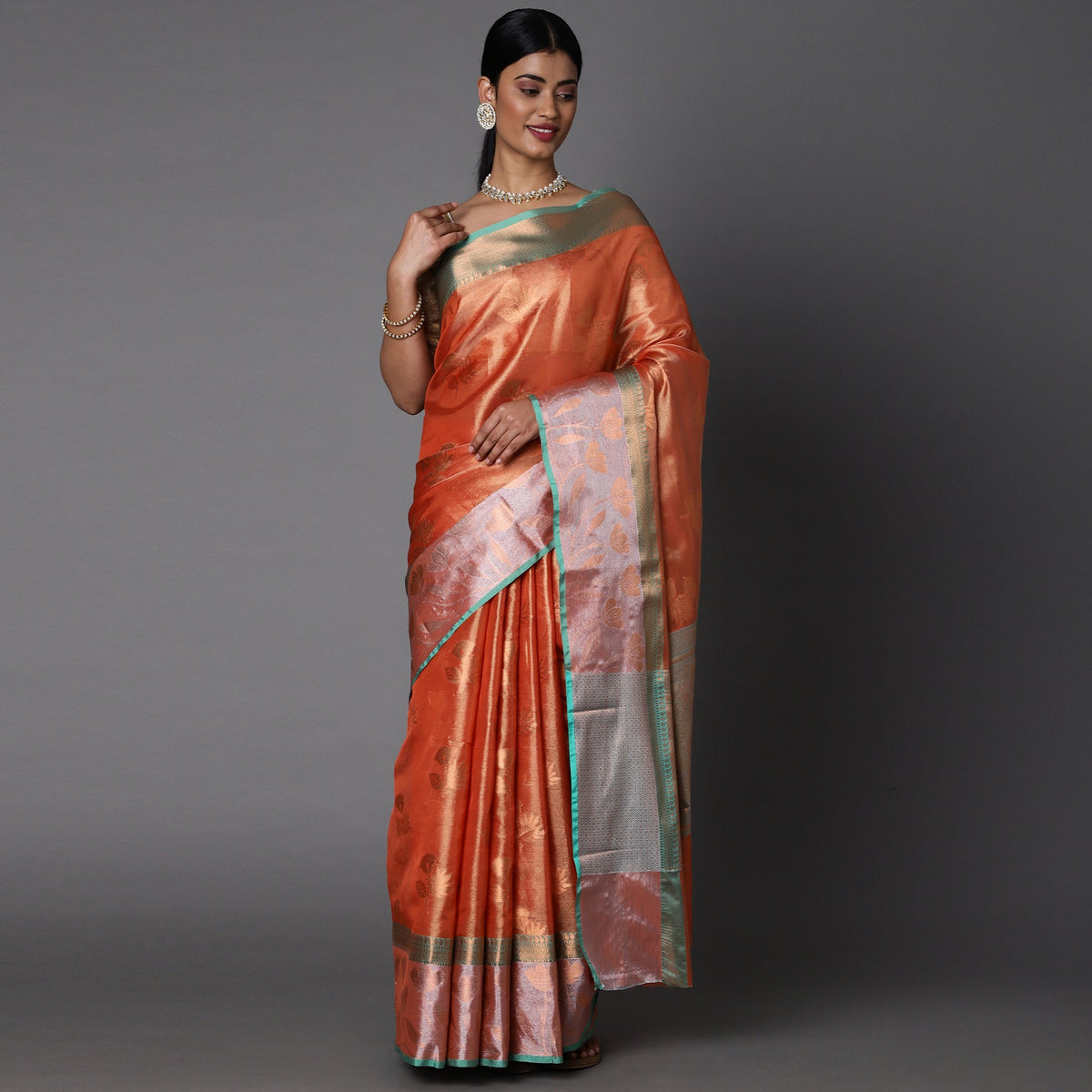 Rust Chanderi Blend Saree With Bold Motif All Over And Contrast Pallu