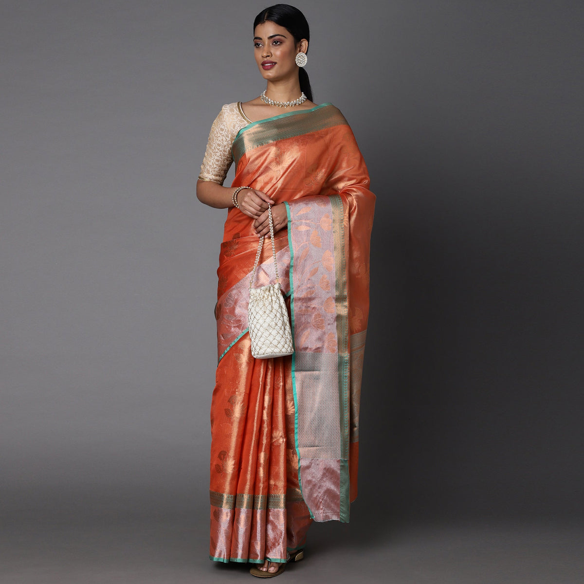 Rust Chanderi Blend Saree With Bold Motif All Over And Contrast Pallu