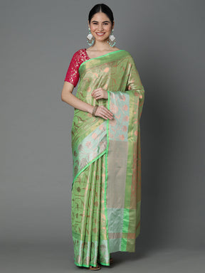 Green Chanderi Blend Contrast Color Jacquard Saree With Copper Highlights