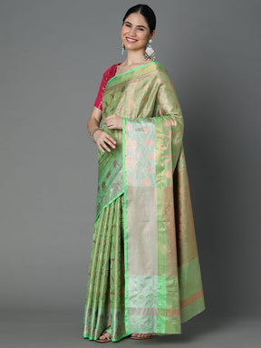 Green Chanderi Blend Contrast Color Jacquard Saree With Copper Highlights