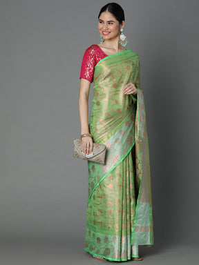 Green Chanderi Blend Contrast Color Jacquard Saree With Copper Highlights