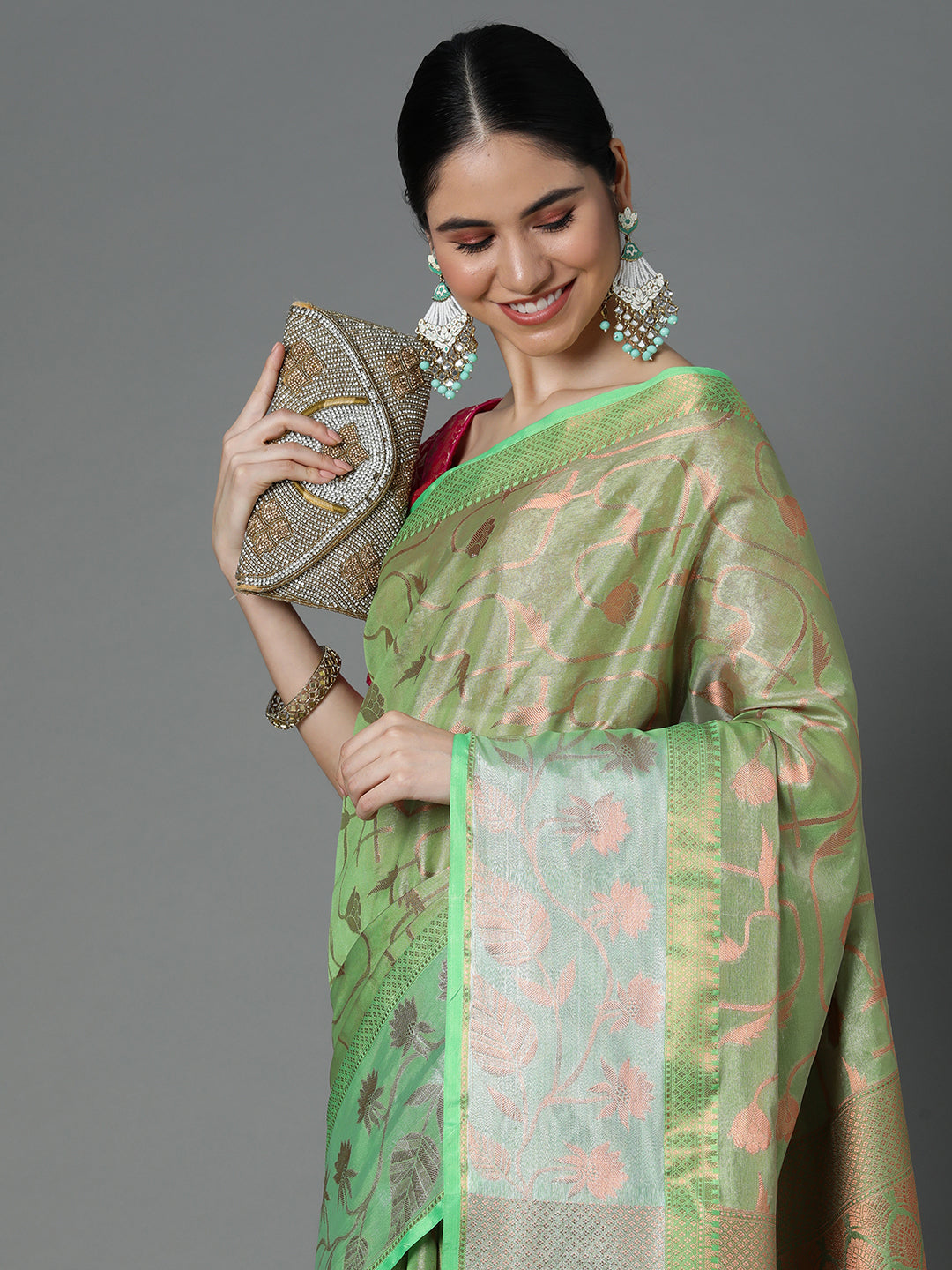 Green Chanderi Blend Contrast Color Jacquard Saree With Copper Highlights