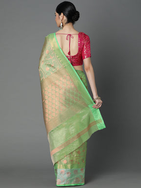 Green Chanderi Blend Contrast Color Jacquard Saree With Copper Highlights