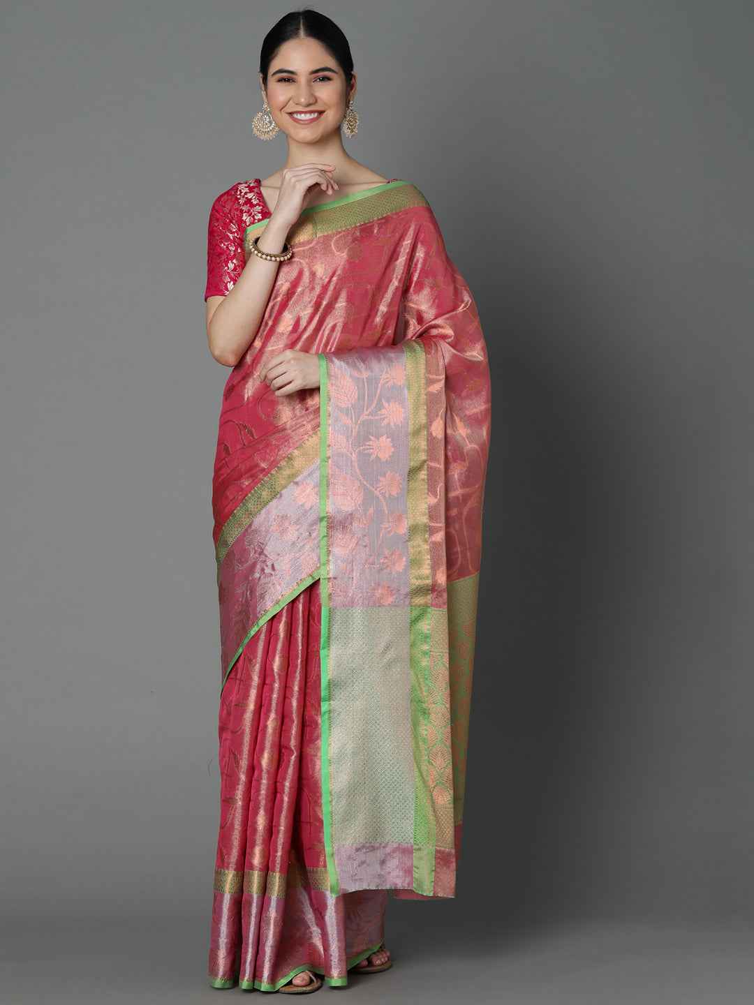 Rust Chanderi Blend Contrast Color Jacquard Saree With Copper Highlights