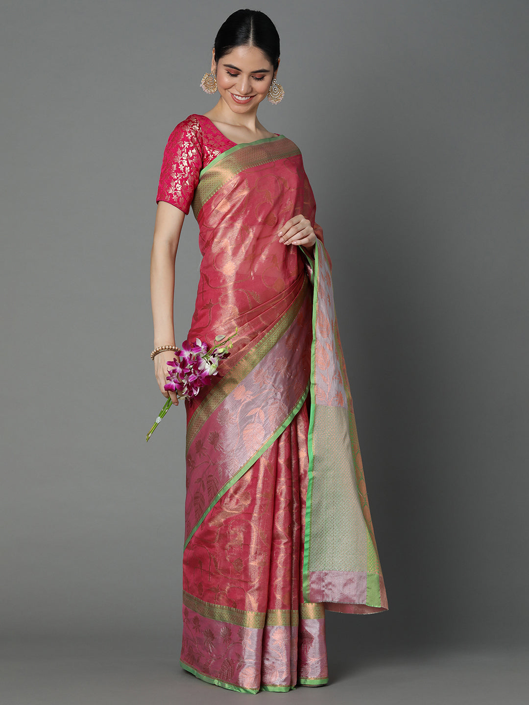 Rust Chanderi Blend Contrast Color Jacquard Saree With Copper Highlights