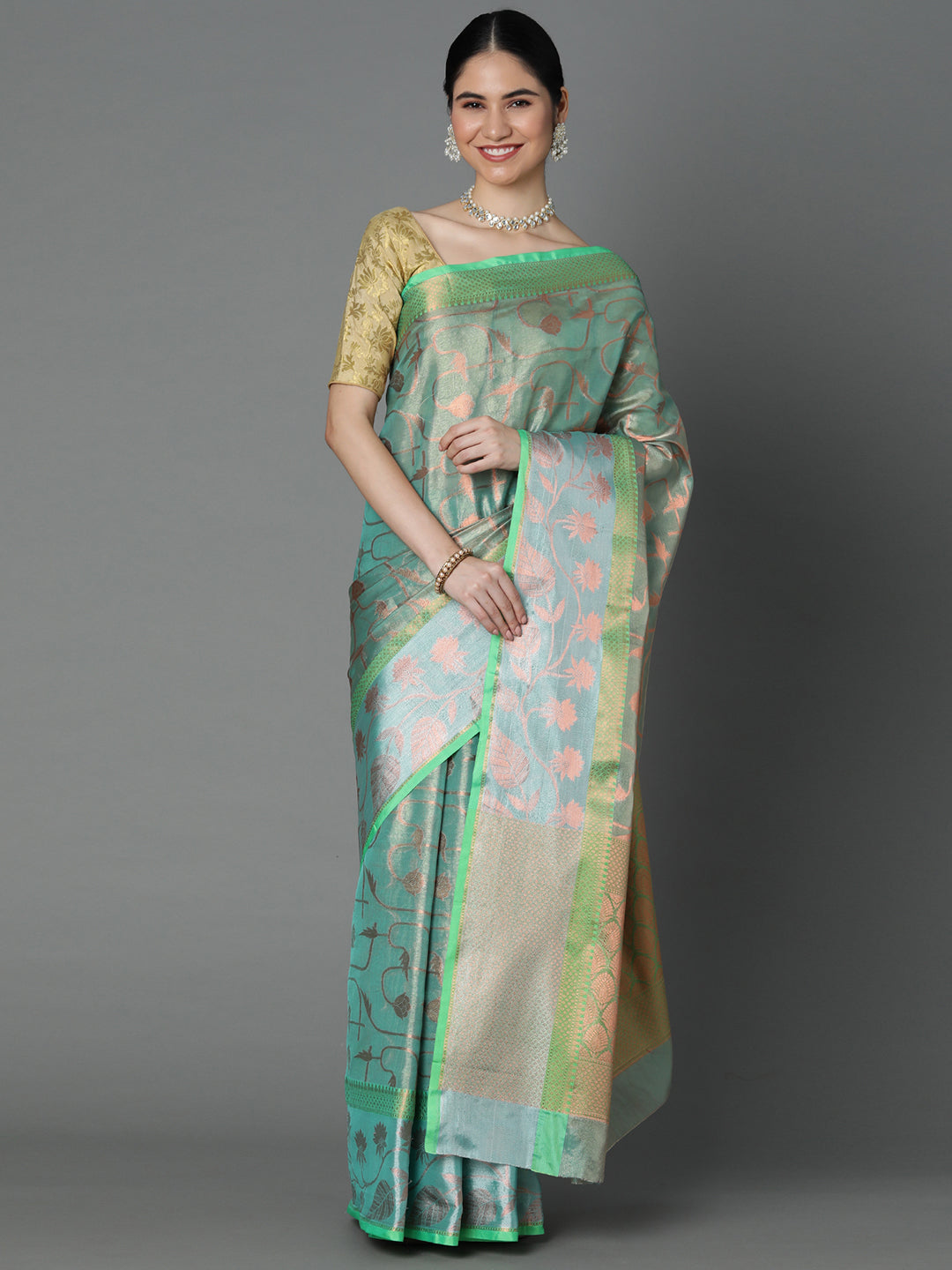 Sea Green Chanderi Blend Contrast Color Jacquard Saree With Copper Highlights