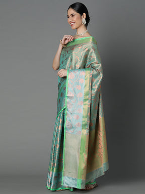 Sea Green Chanderi Blend Contrast Color Jacquard Saree With Copper Highlights