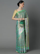 Sea Green Chanderi Blend Contrast Color Jacquard Saree With Copper Highlights