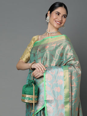 Sea Green Chanderi Blend Contrast Color Jacquard Saree With Copper Highlights