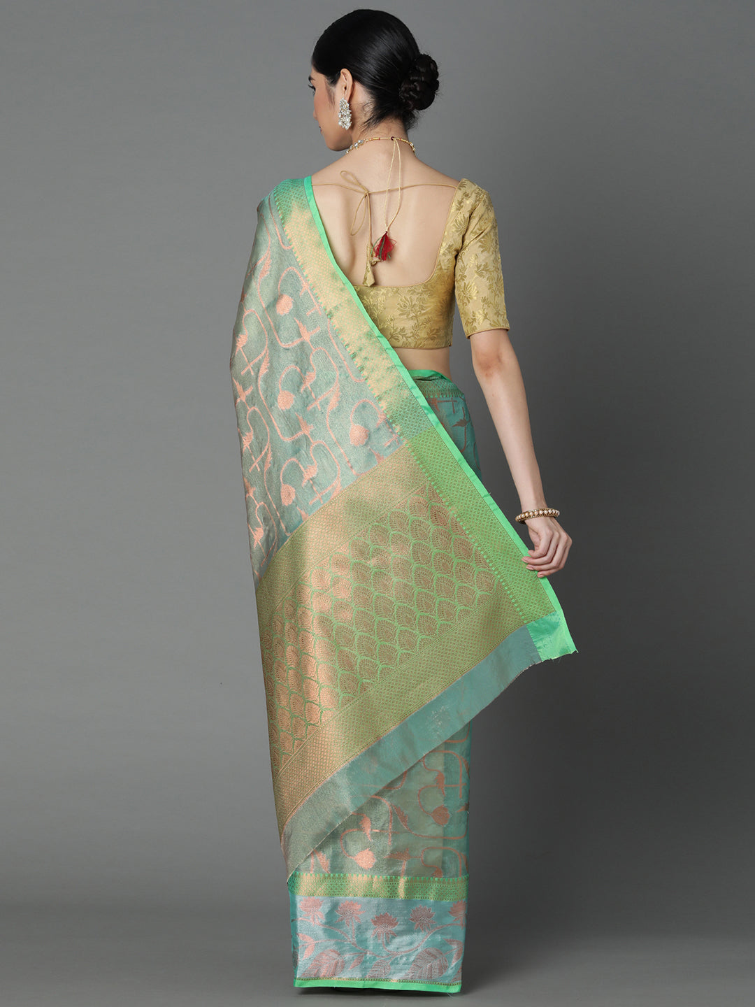 Sea Green Chanderi Blend Contrast Color Jacquard Saree With Copper Highlights