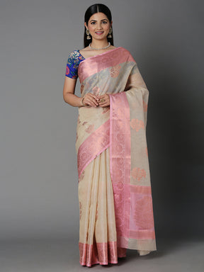 Cream Chanderi Blend Jacquard Saree With Gold Border And Pallu