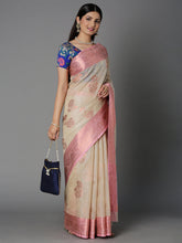 Cream Chanderi Blend Jacquard Saree With Gold Border And Pallu