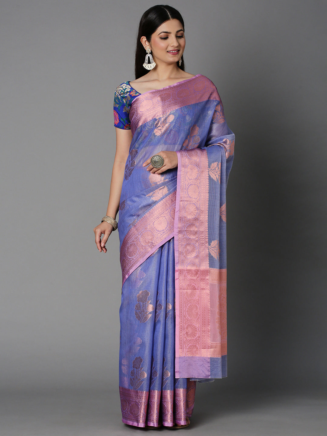 Turquiose Chanderi Blend Jacquard Saree With Gold Border And Pallu