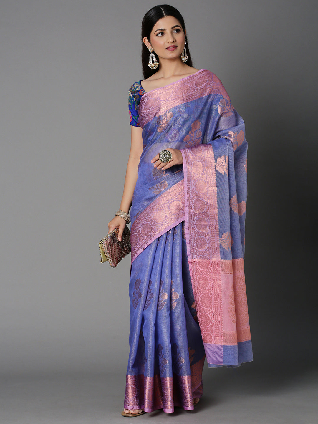 Turquiose Chanderi Blend Jacquard Saree With Gold Border And Pallu