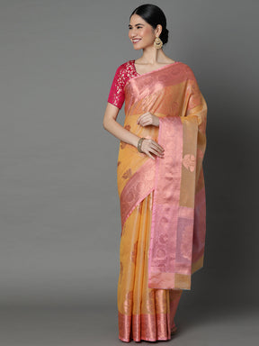 Mustard Chanderi Blend Jacquard Saree With Gold Border And Pallu