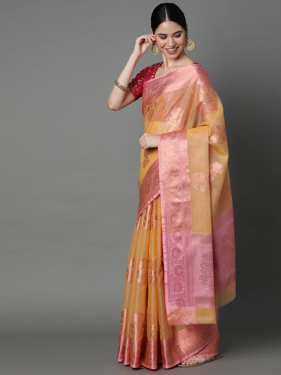 Mustard Chanderi Blend Jacquard Saree With Gold Border And Pallu