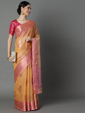 Mustard Chanderi Blend Jacquard Saree With Gold Border And Pallu