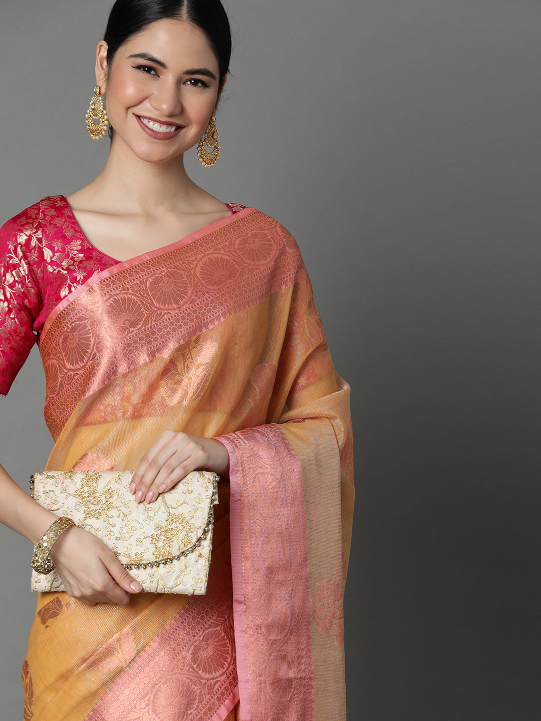 Mustard Chanderi Blend Jacquard Saree With Gold Border And Pallu