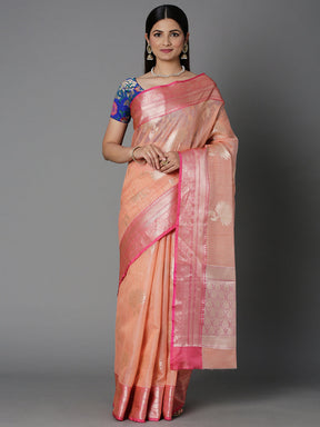 Peach Chanderi Blend Jacquard Saree With Contrast Color Border