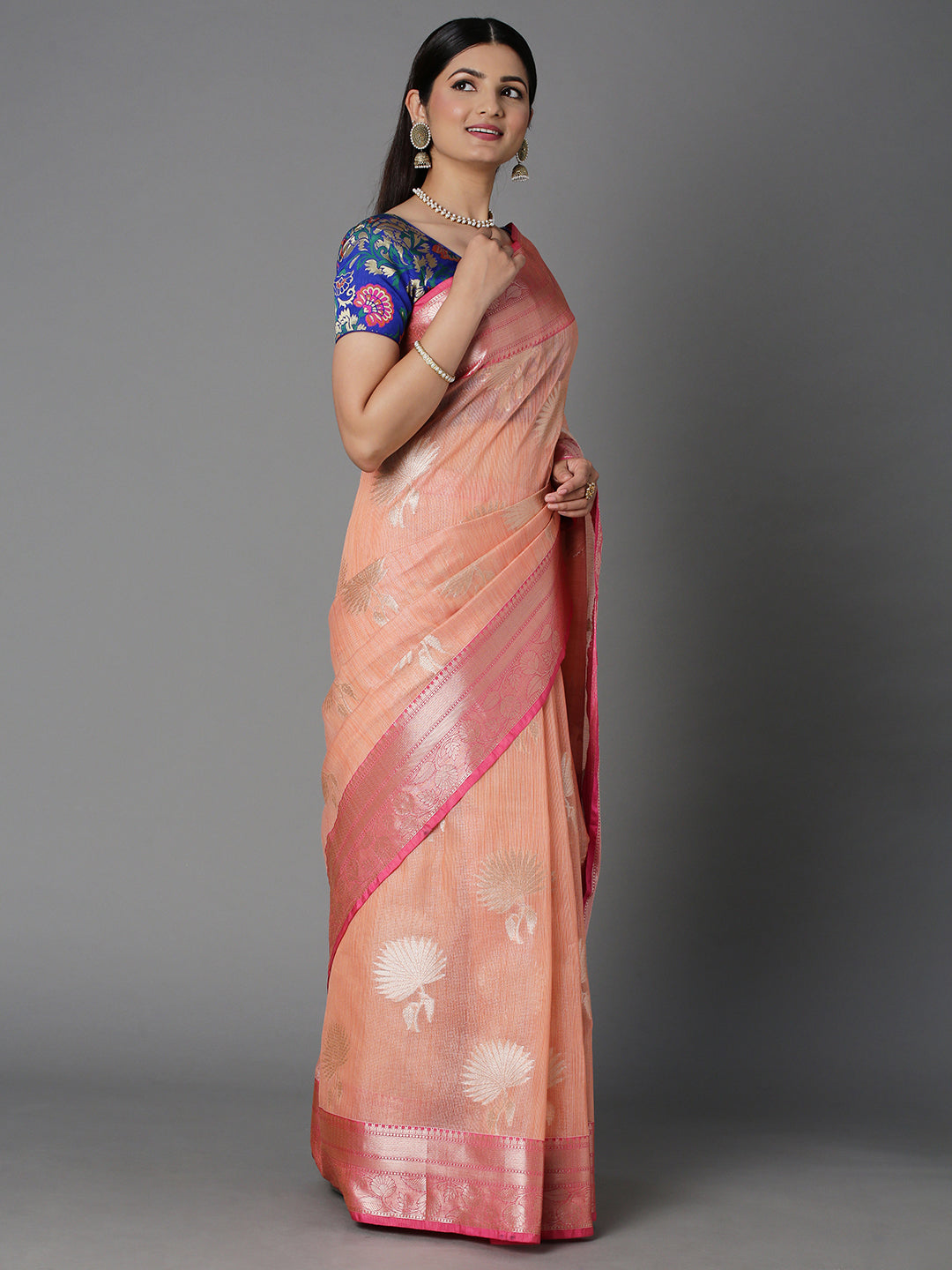 Peach Chanderi Blend Jacquard Saree With Contrast Color Border