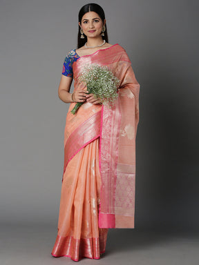 Peach Chanderi Blend Jacquard Saree With Contrast Color Border