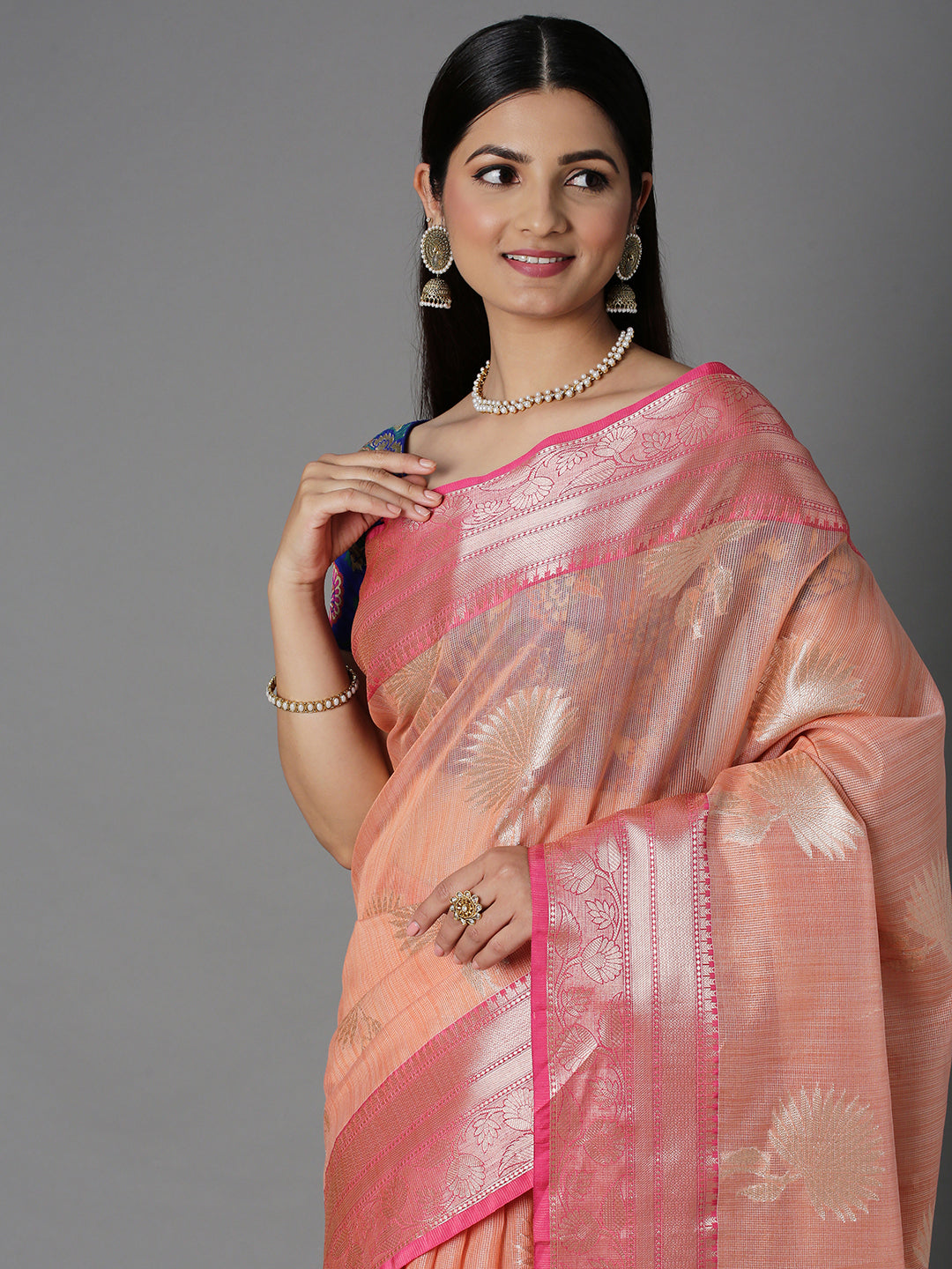 Peach Chanderi Blend Jacquard Saree With Contrast Color Border