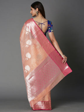 Peach Chanderi Blend Jacquard Saree With Contrast Color Border