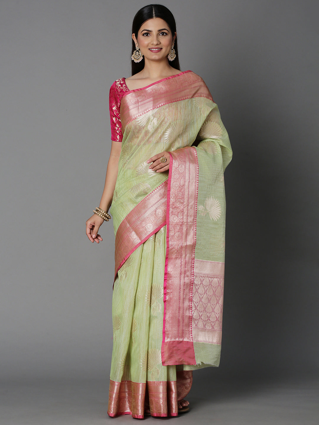 Seagreen Chanderi Blend Jacquard Saree With Contrast Color Border