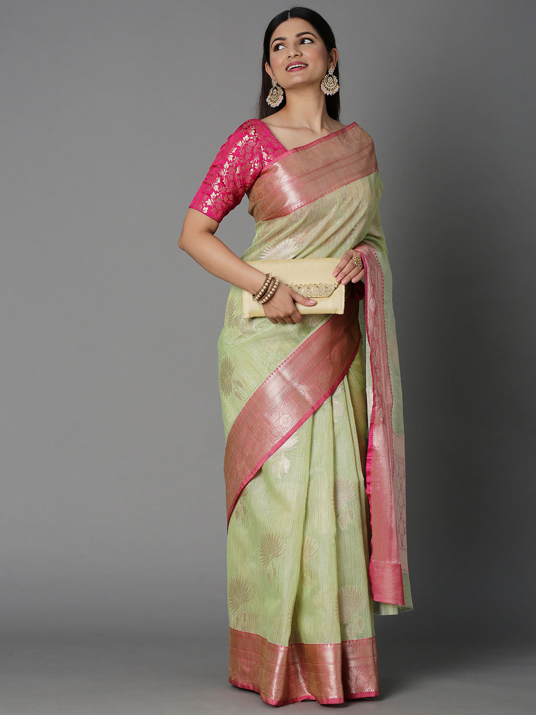 Seagreen Chanderi Blend Jacquard Saree With Contrast Color Border