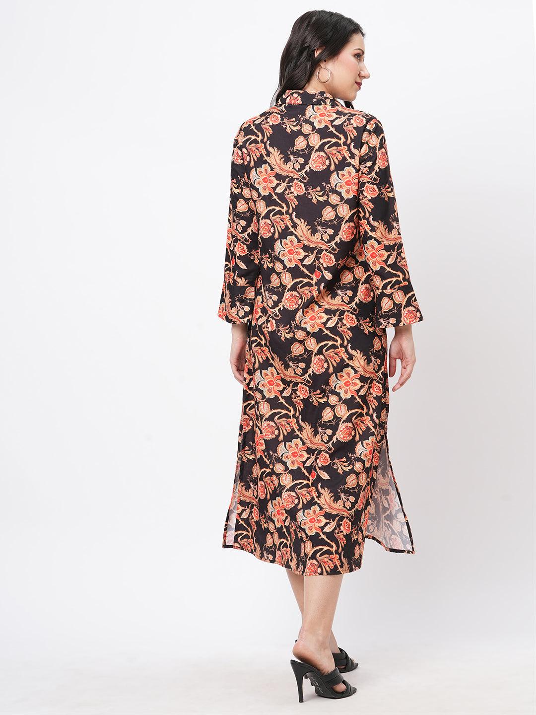 Featuring A Black Floral Printed Long Shirt Dress In Regular Fit