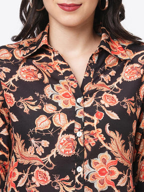 Featuring A Black Floral Printed Long Shirt Dress In Regular Fit