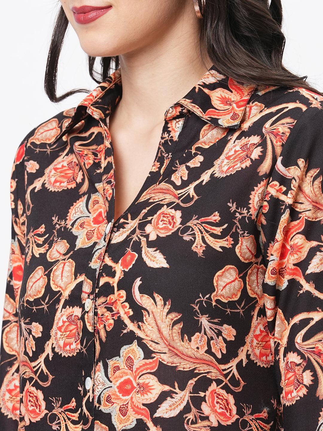 Featuring A Black Floral Printed Long Shirt Dress In Regular Fit