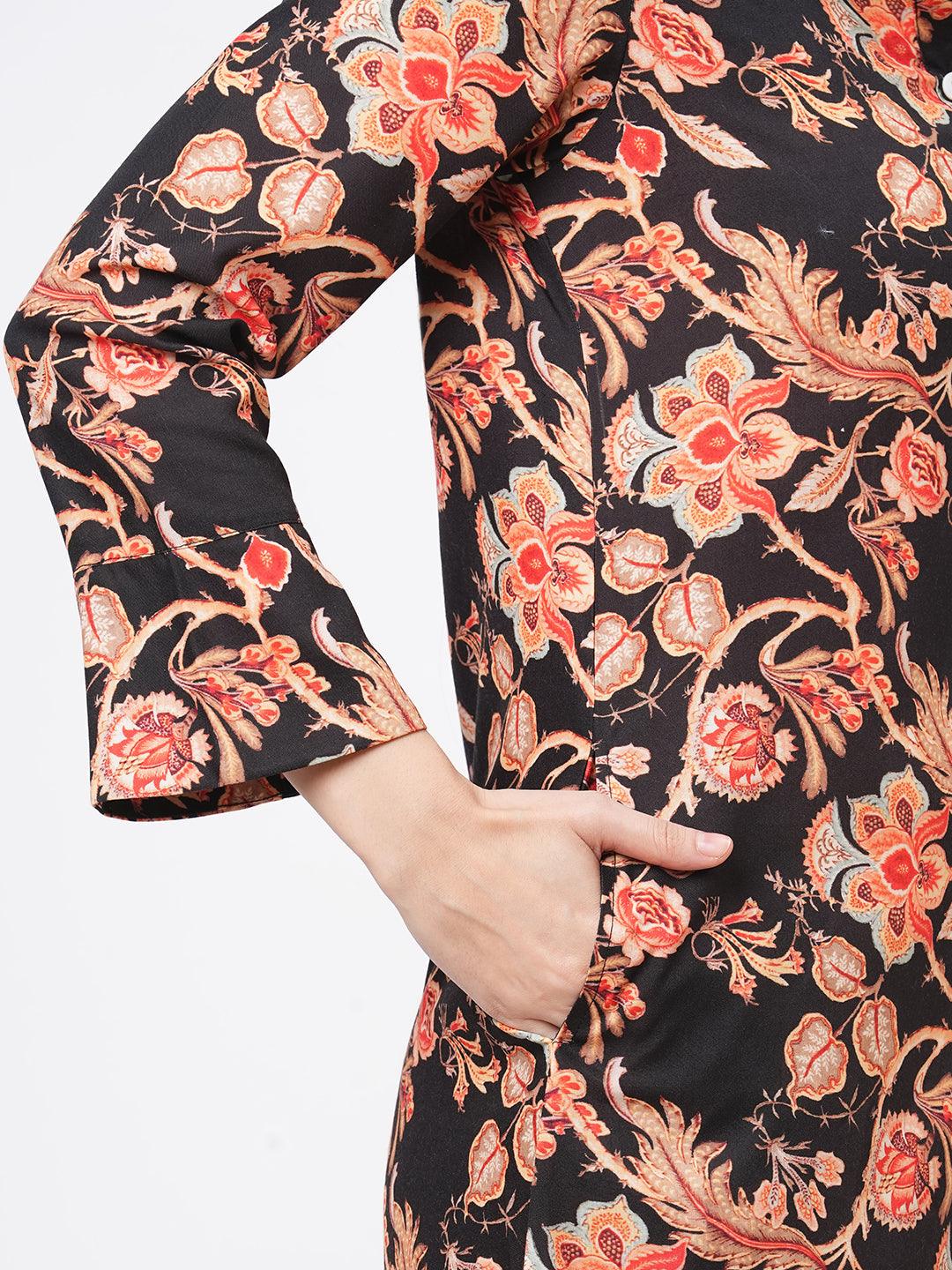 Featuring A Black Floral Printed Long Shirt Dress In Regular Fit