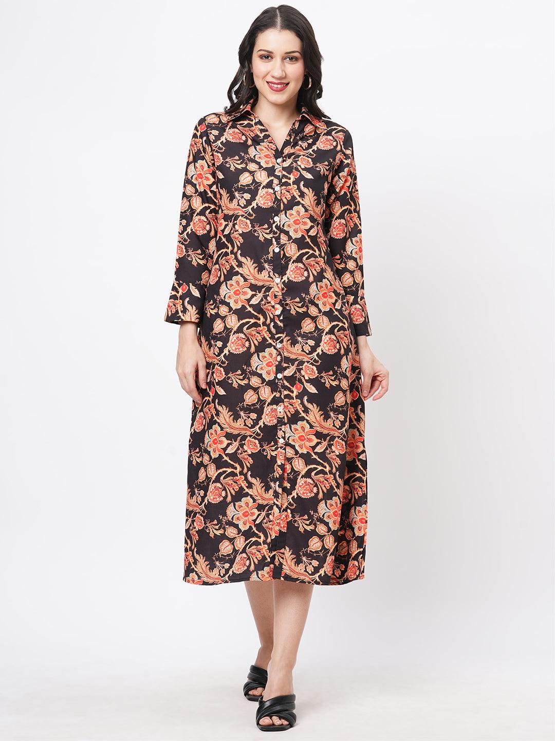 Featuring A Black Floral Printed Long Shirt Dress In Regular Fit