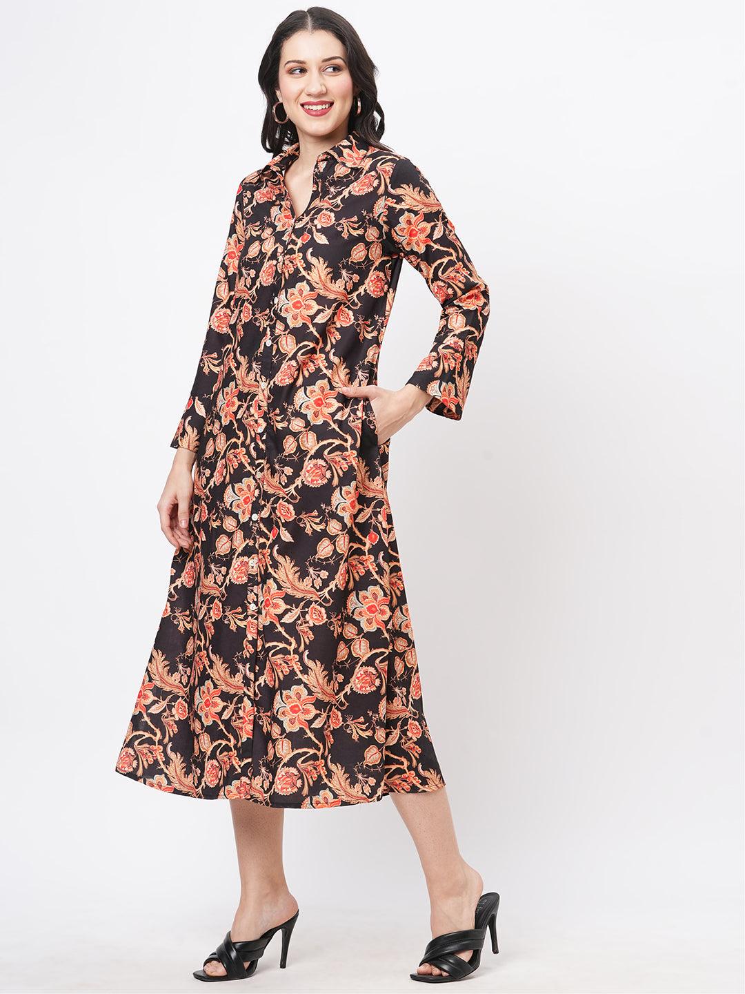 Featuring A Black Floral Printed Long Shirt Dress In Regular Fit