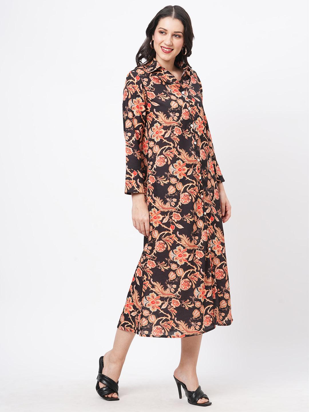 Featuring A Black Floral Printed Long Shirt Dress In Regular Fit