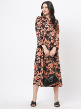 Featuring A Black Floral Printed Long Shirt Dress In Regular Fit