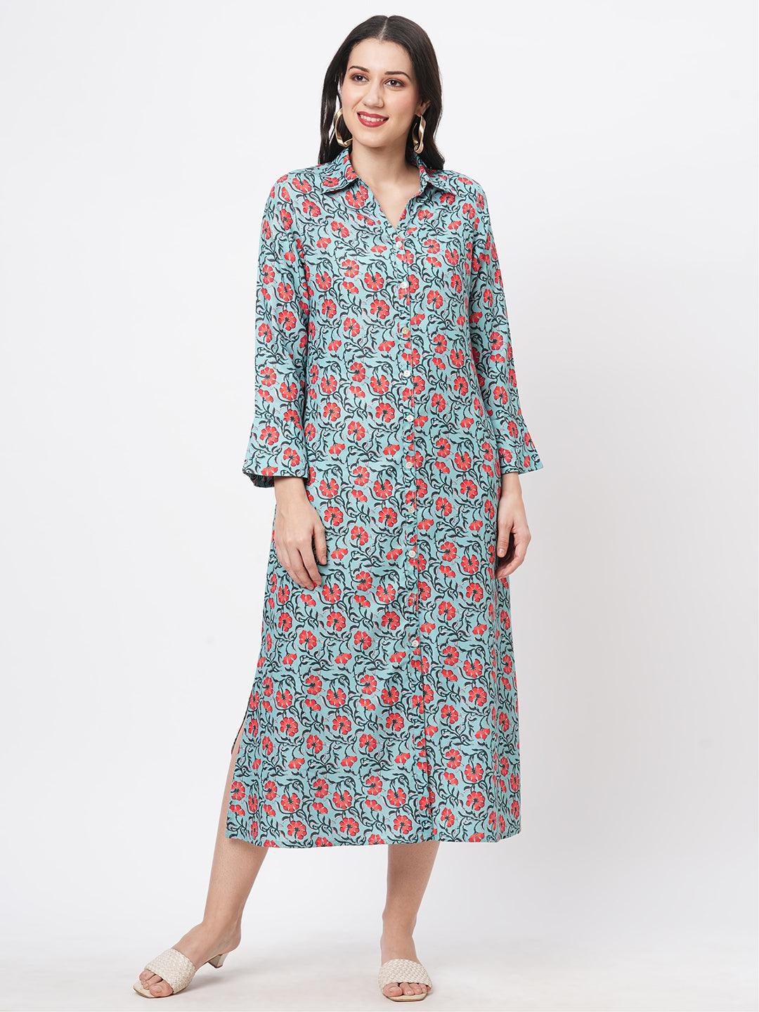 Featuring A Teal Floral Printed Long Shirt Dress In Regular Fit