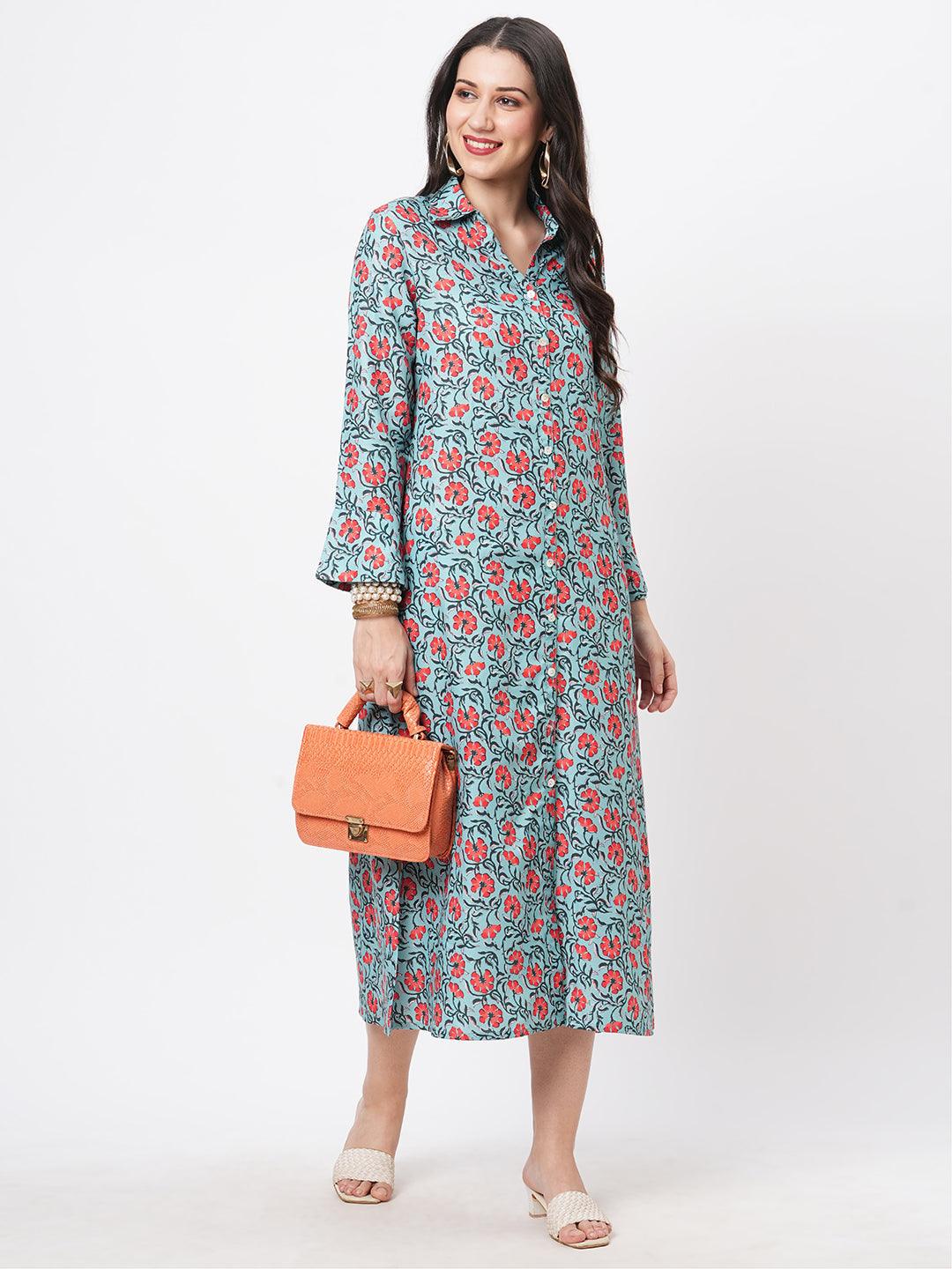 Featuring A Teal Floral Printed Long Shirt Dress In Regular Fit